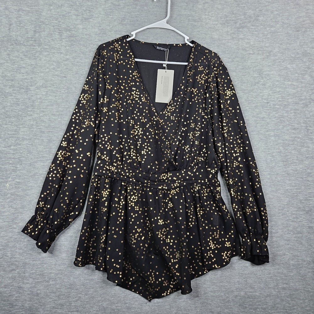 BLOOMCHIC Women's Black Gold Star Asymmetrical Lantern Sleeve Shirt Sz 18-20